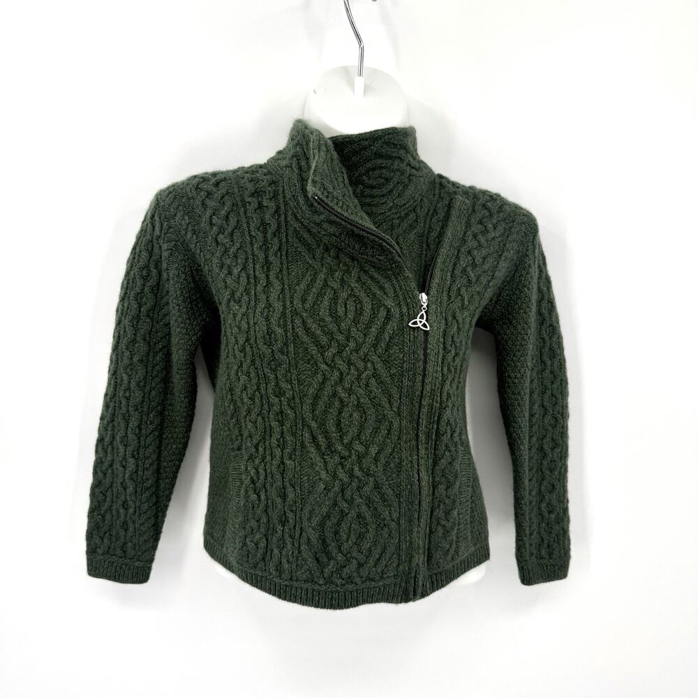 Aran Sweater Market Cardigan Womens Large Green Merino Wool Cable Knit Ireland